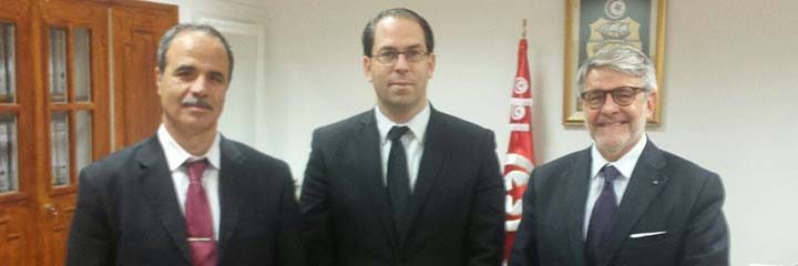 Il Distretto Produttivo della Pesca si congratula con il neo Primo Ministro tunisino Da sx Fouad Mestiri_ Youssef Chahed_ Giovanni Tumbiolo